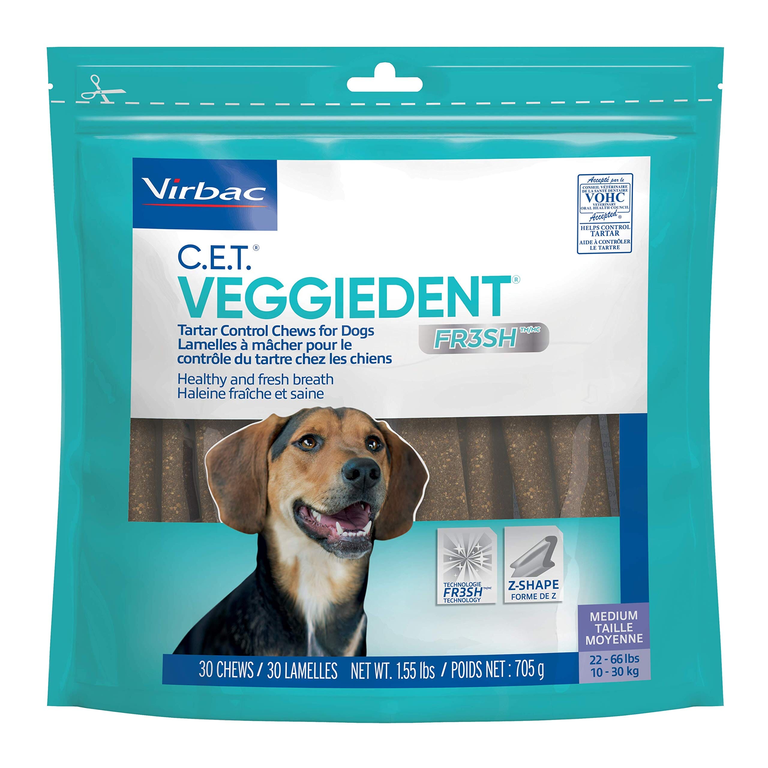 Virbac Veggiedent Fresh Technology Dental Dog Chews - 30 Count Medium 