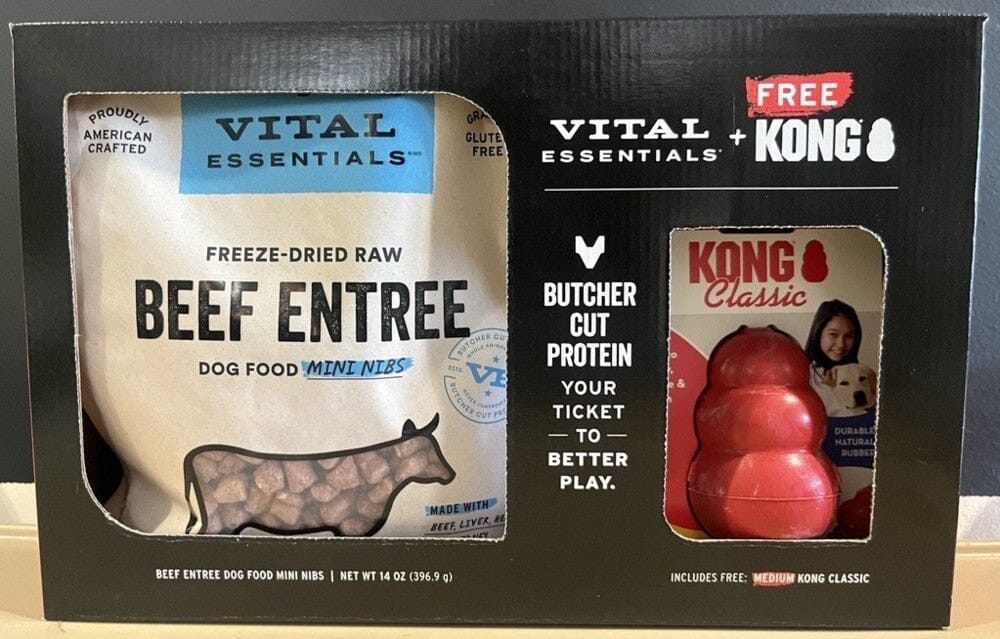 Vital Essentials Mini Nibs Beef Entrée Freeze-Dried Raw Dog Food with Medium Kong Classic DogToy - 14 Oz - Case of 6 Default Title