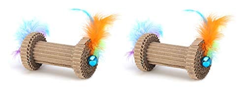 Ware Barbell Roller Corrugated Cat Toy and Scratcher with Feathers and Bells - 6 Inch Default Title