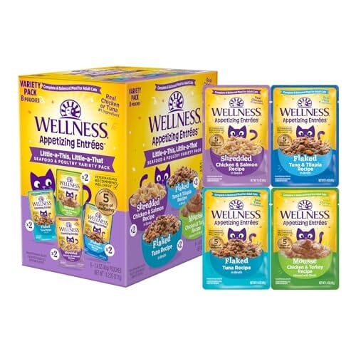 Wellness Appetizing Entrees Flaked Shredded and Mousse Chicken Salmon Tuna Turkey Tilapia Wet Cat Food Pouch - Variety Pack - 1.4 Oz - 8 Pack - Case of 3 Default Title