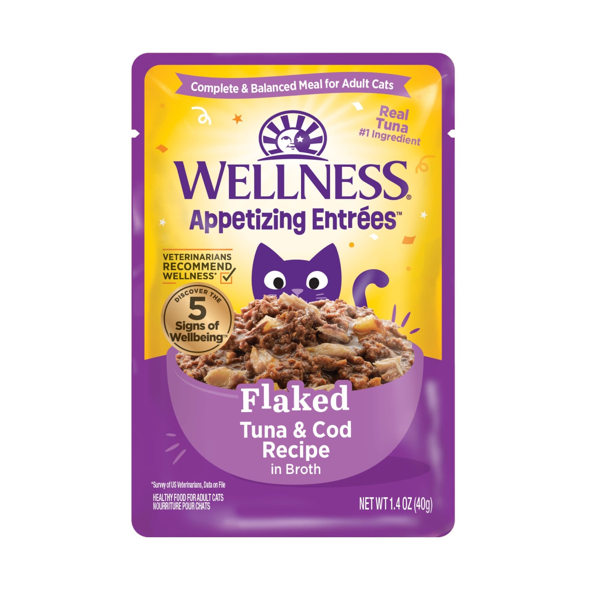Wellness Appetizing Entrees Flaked Tuna and Cod in Broth Recipe Wet Cat Food Pouch - 1.4 Oz - 8 Pack - Case of 3 Default Title