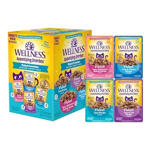 Wellness Appetizing Entrees Flaked Tuna Mackerel Shrimp Tilapia Cod Wet Cat Food Pouch - Variety Pack - 1.4 Oz - 8 Pack - Case of 3 Default Title