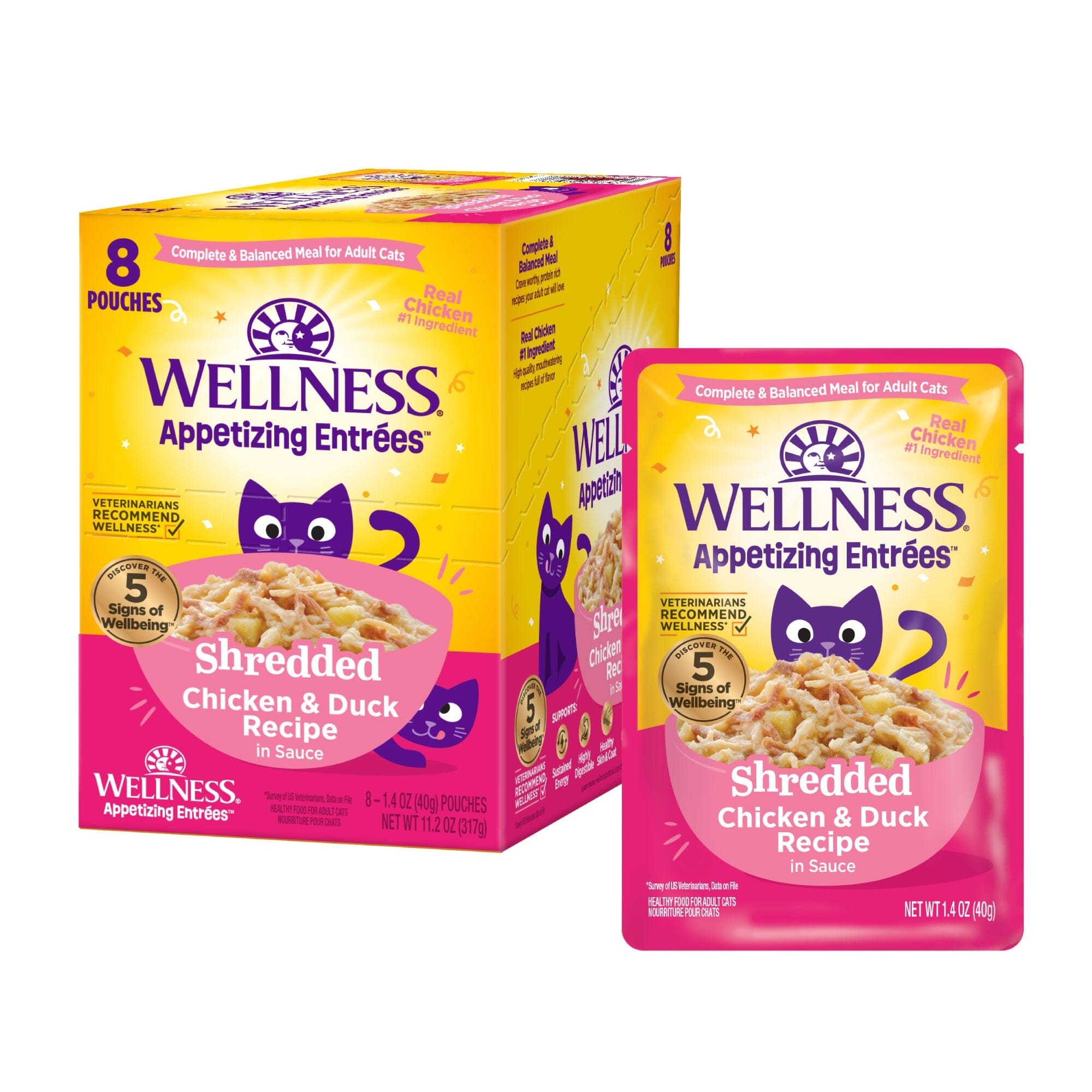 Wellness Appetizing Entrees Shredded Chicken and Duck in Sauce Wet Cat Food Pouch - 1.4 Oz - 8 Pack - Case of 3
