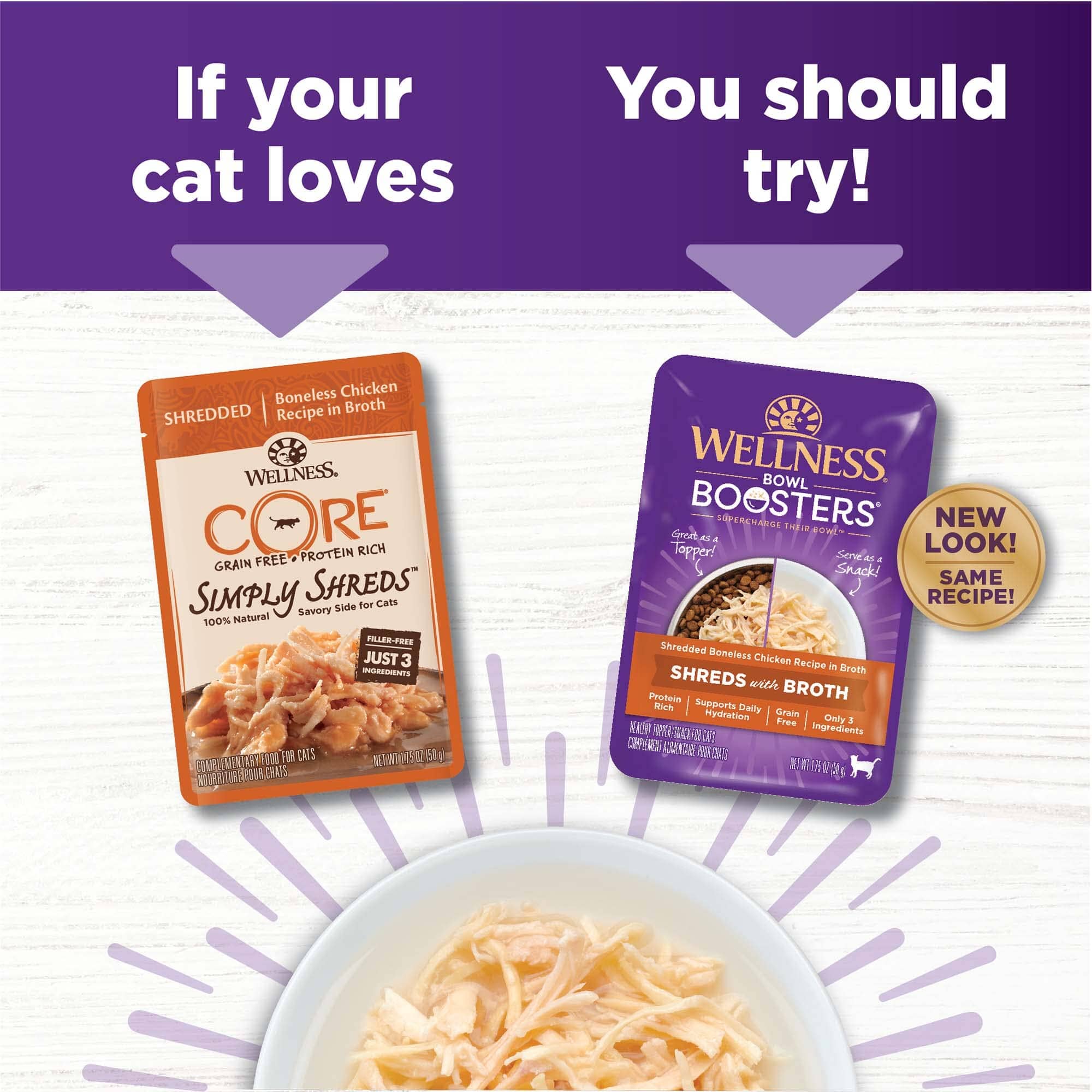 Wellness Core Bowl Boosters Grain-Free Shredded Chicken in Broth Wet Cat Food Topper Pouch - 1.75 Oz - Case of 12  