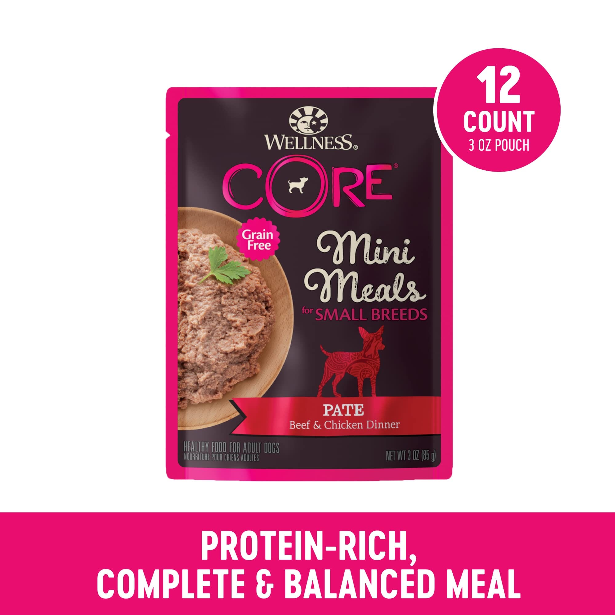 Wellness Core Mini Meals Beef and Chicken Pate Small-Breed Adult Wet Dog Food Pouch - Variety Pack - 3 Oz - Case of 12 - 2 Pack  