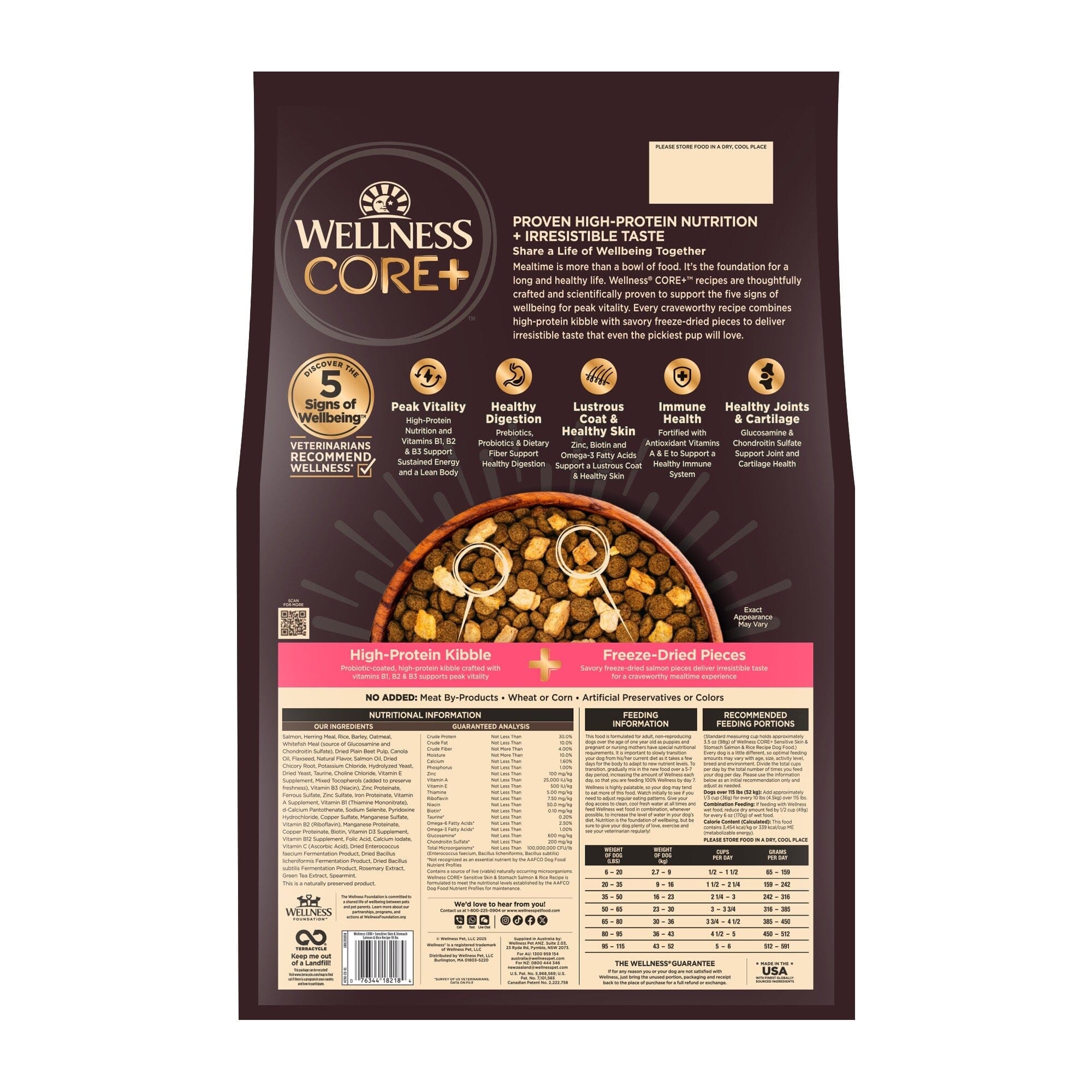 Wellness CORE+ Sensitive Skin and Stomach Wholesome Grains Salmon and Rice Adult Freeze-Dried Pieces and Dry Dog Food - 18 Lbs