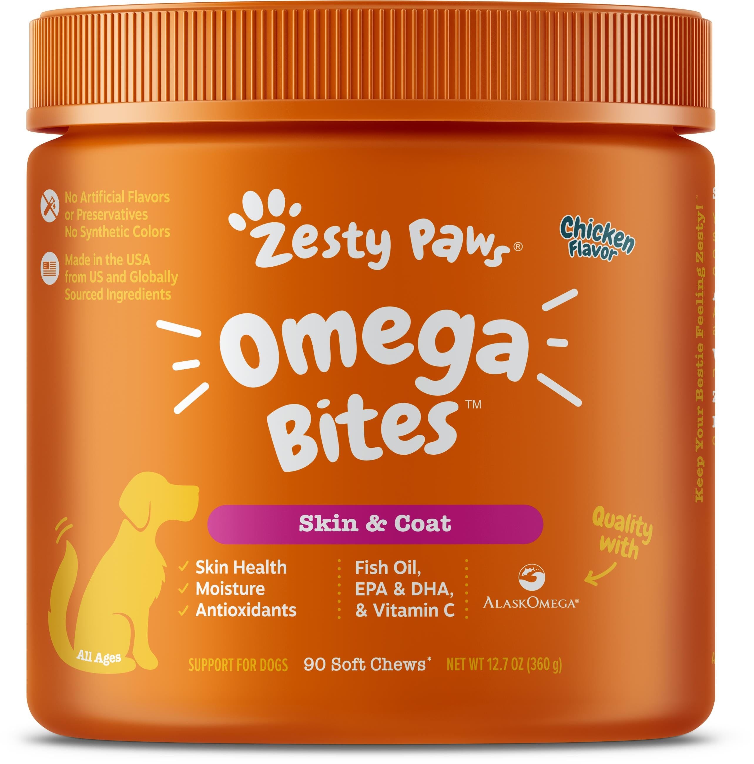 Zesty Paws Omega Bites For Skin & Coat Support Chicken Flavor with Alaskan Fish Oil Soft Chews for Dogs  