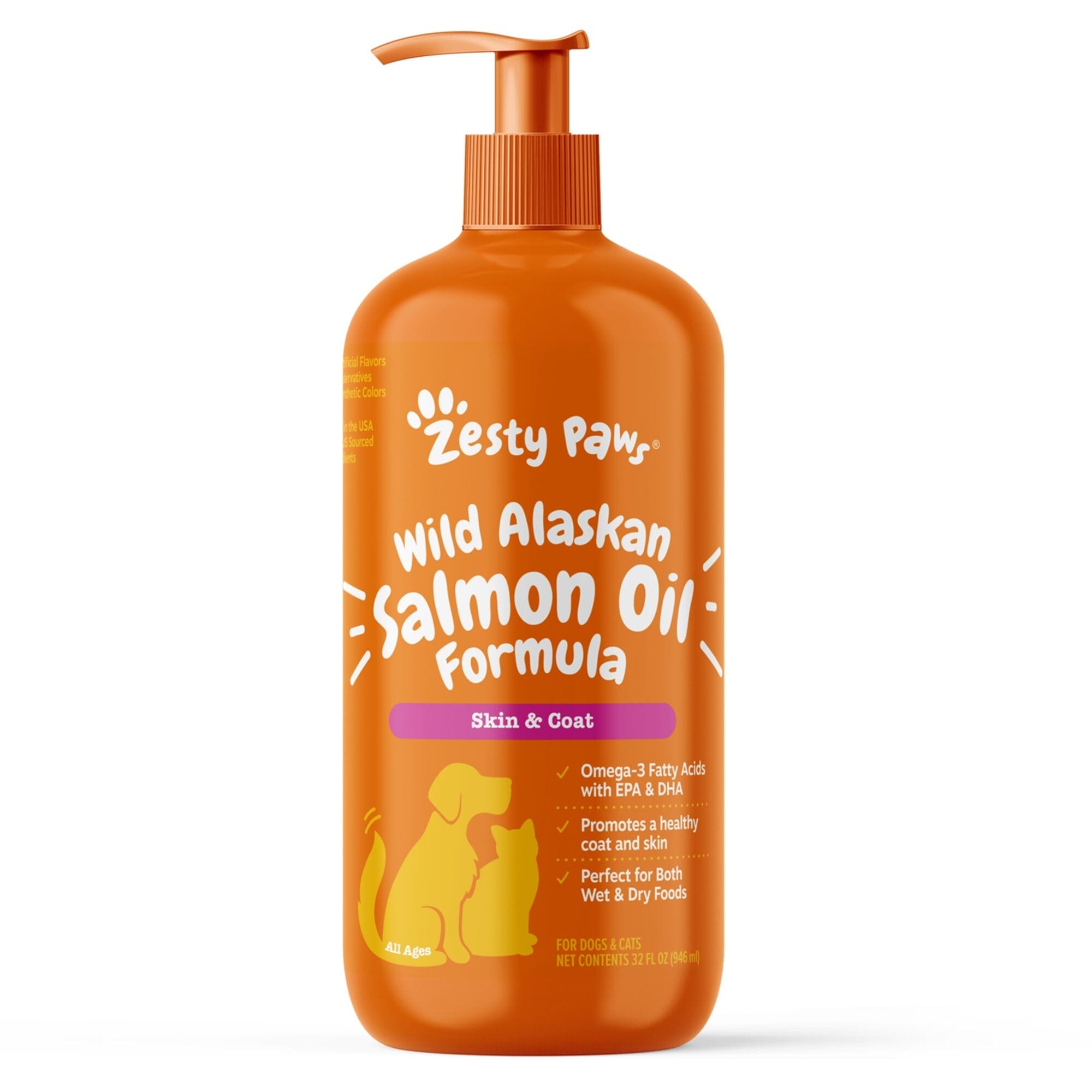 Zesty Paws Skin and Coat Wild Alaskan Salmon and Pollock Oil Omega-3 Blend Liquid Cat and Dog Supplement 32 Ounce