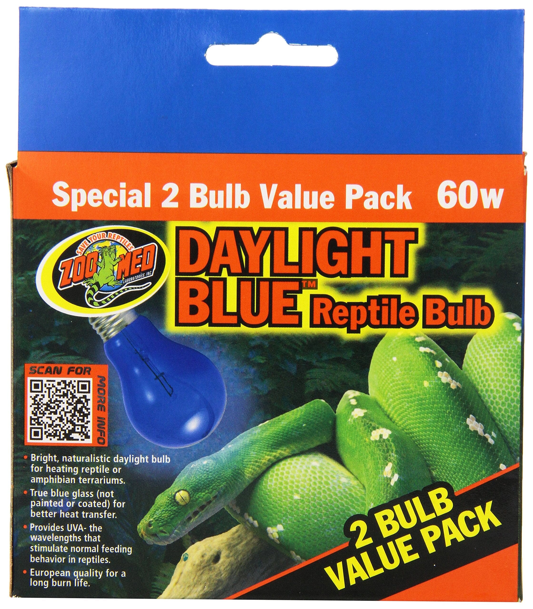 Zoo Med Laboratories Daylight Blue™ 60 Watt Reptile Bulb Blue Color - 2 Pack  