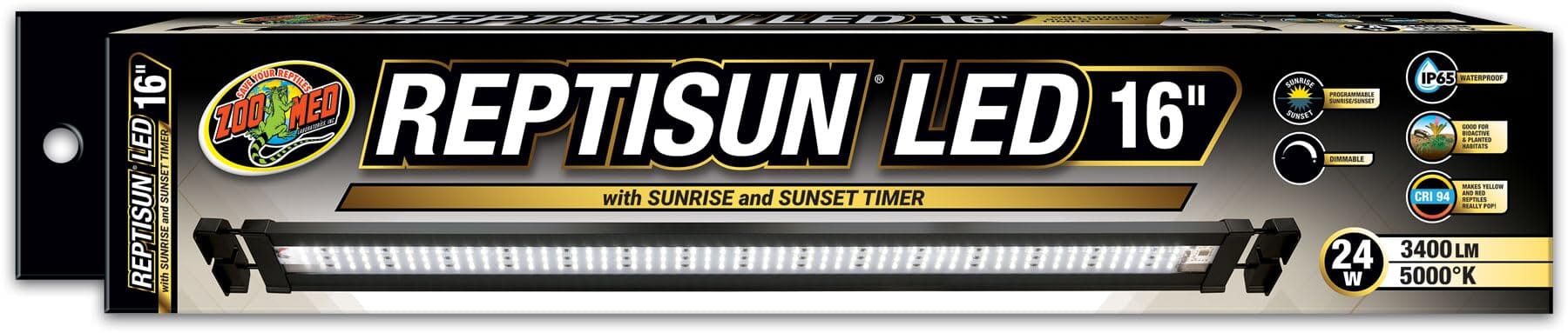 Zoo Med Laboratories ReptiSun LED with Sunrise and Sunset Timer Terrarium Light and Extendable Hood Fixture 24 Watt - 16 Inch
