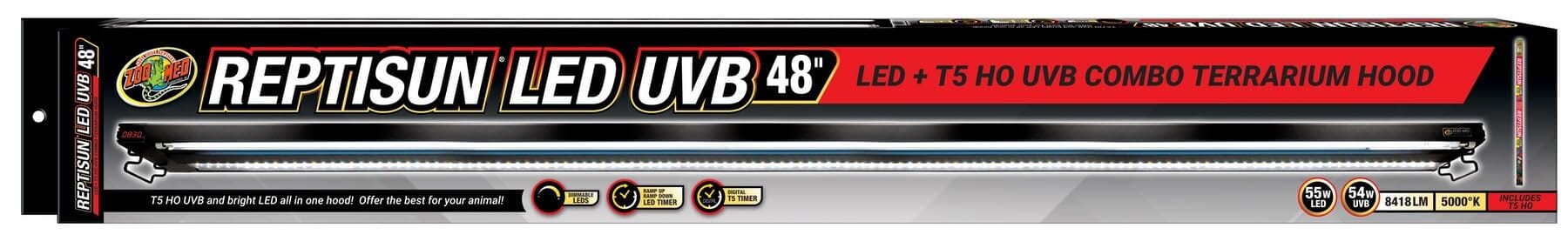 Zoo Med Laboratories ReptiSun T5 and UVB LED Combo Digital Timer Terrarium Light and Hood Fixture 48 Inch
