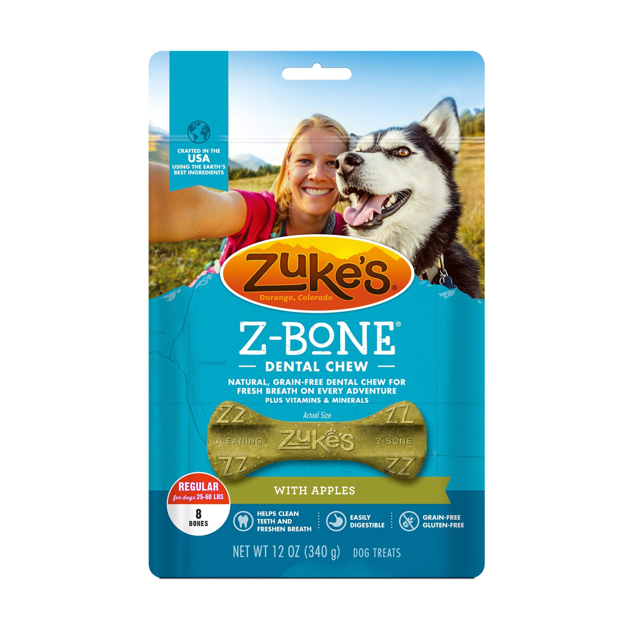 Zukes Z-Bone Grain-Free Fresh Breath with Apple Dental Dog Chews Regular - 8 Count 