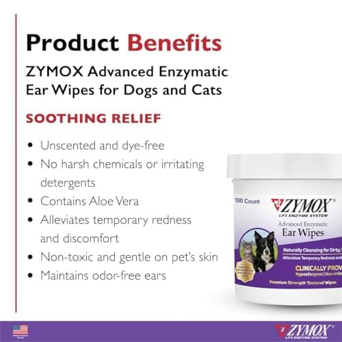Zymox Advanced Enzymatic Natural Hypoallergenic Cleansing Cat and Dog Ear Wipes - 100 Count