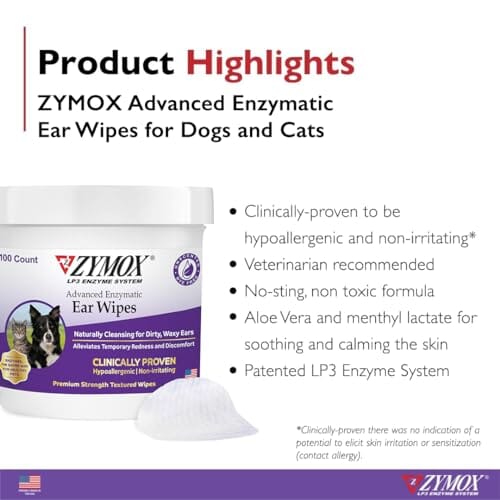 Zymox Advanced Enzymatic Natural Hypoallergenic Cleansing Cat and Dog Ear Wipes - 100 Count