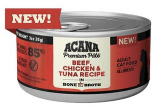 Acana Beef, Chicken + Tuna Recipe in Bone Broth Canned Cat Food - 3 Oz - Case of 24  