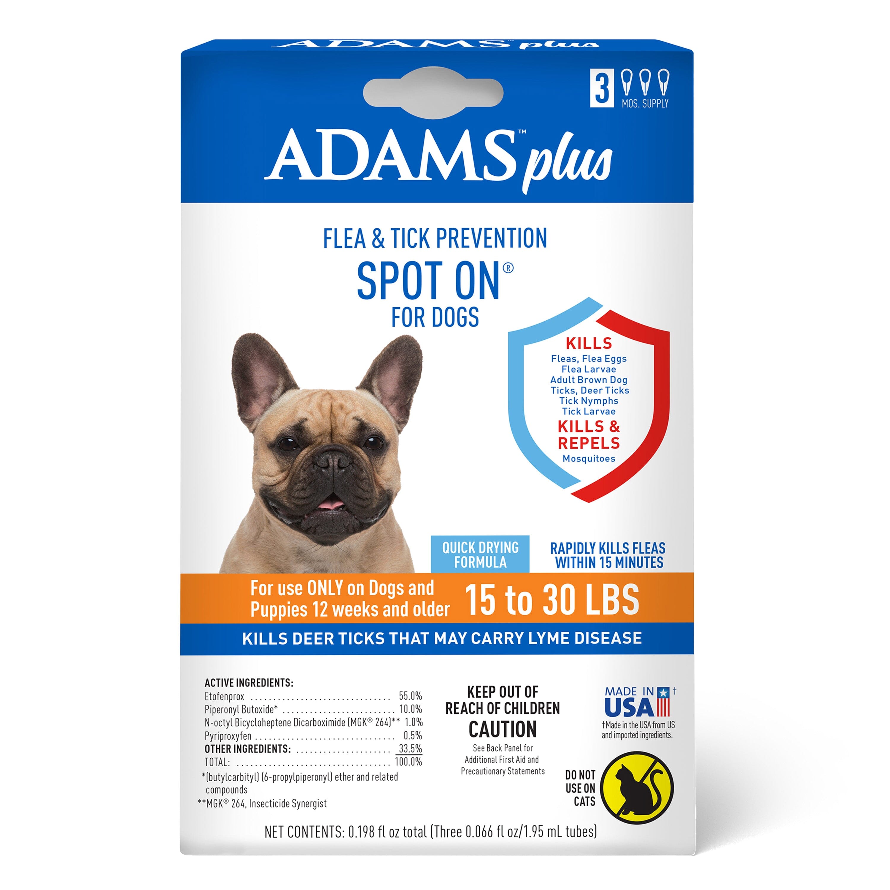 Adams Plus Flea & Tick Prevention Spot On for Dogs 3 Month Supply - Medium Dogs 15 To 30 lb  