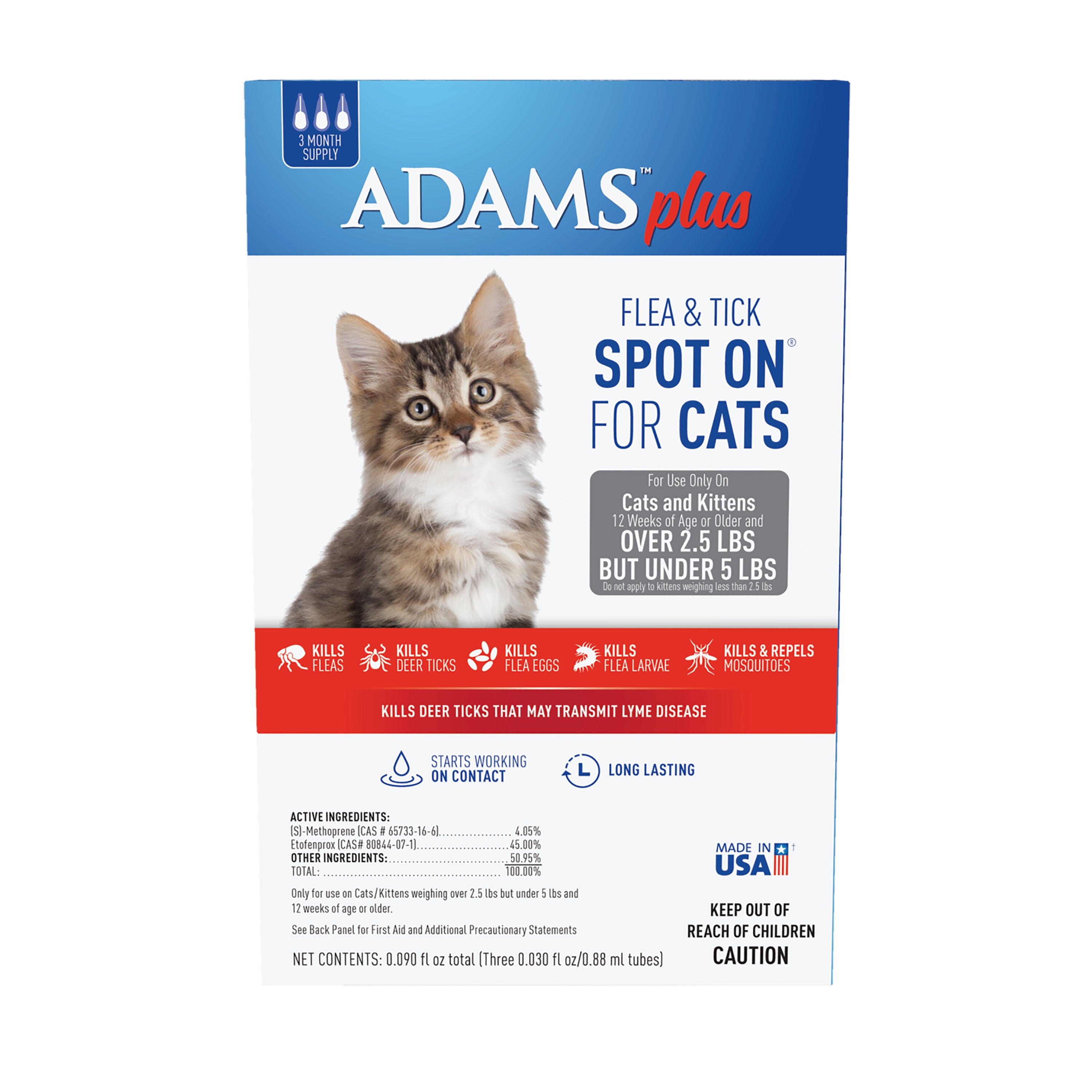 Adams Plus Flea & Tick Spot On for Cats & Kittens - Over 2.5 Lbs But Under 5 lb  