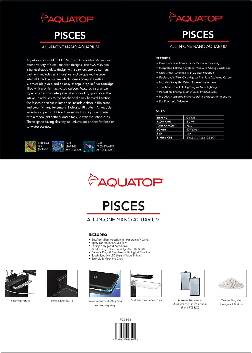 Aquatop Pisces Nano Bullet Glass Aquarium - Black - 5 Gal  