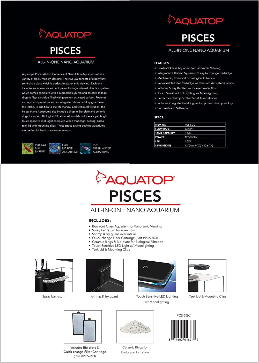 Aquatop Pisces Nano Cube Glass Aquarium - Black - 5 Gal  