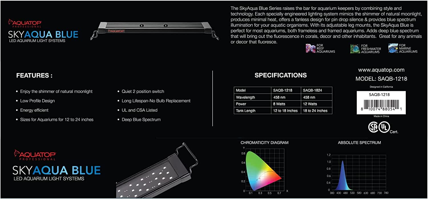 Aquatop Skyaqua Actinic Blue LED Aquarium Light Fixture - Blue - 12 - 18 In  