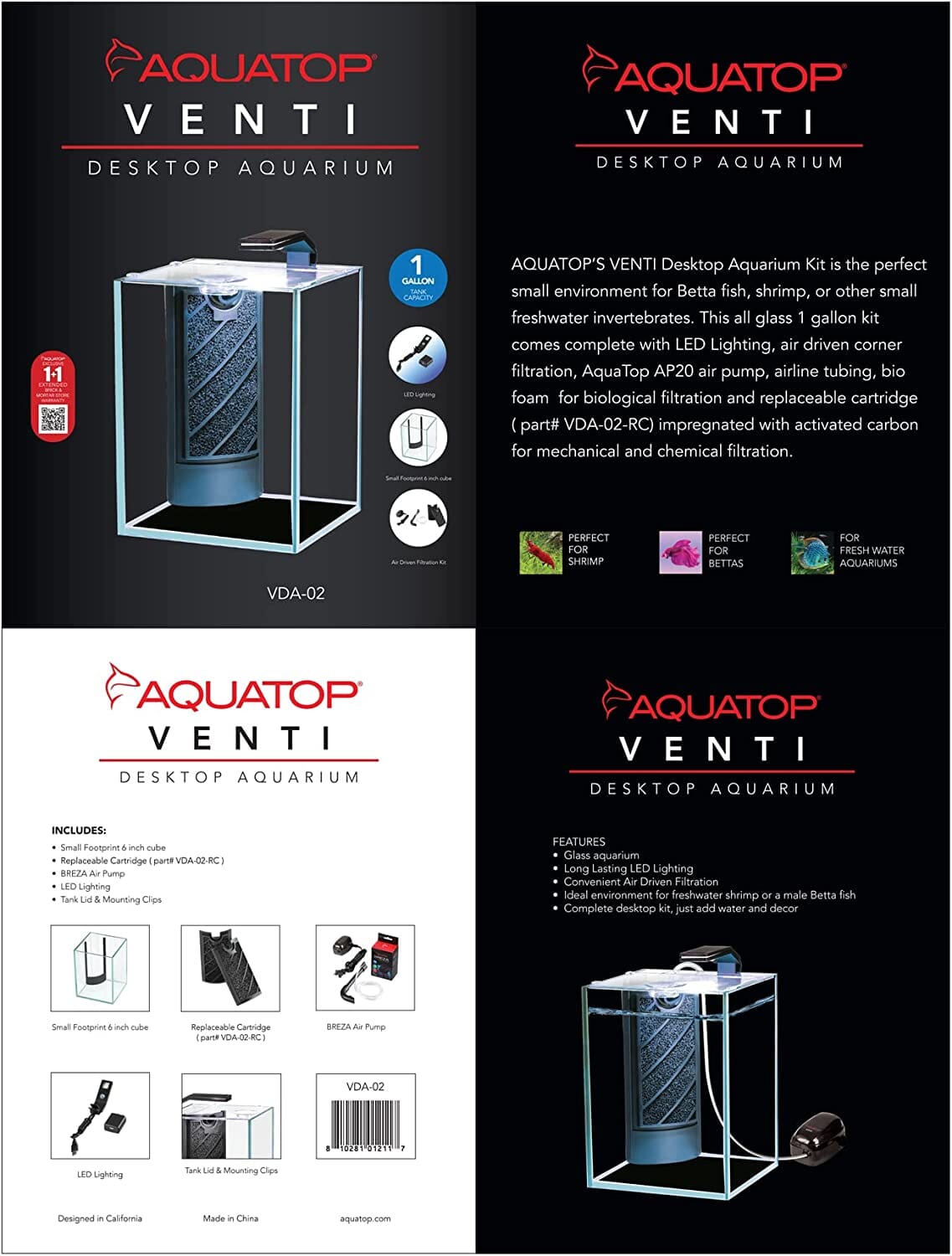 Aquatop Venti Professional Showcase Desktop Aquarium - 1 Gal - 6 X 6 X 8.4 I  