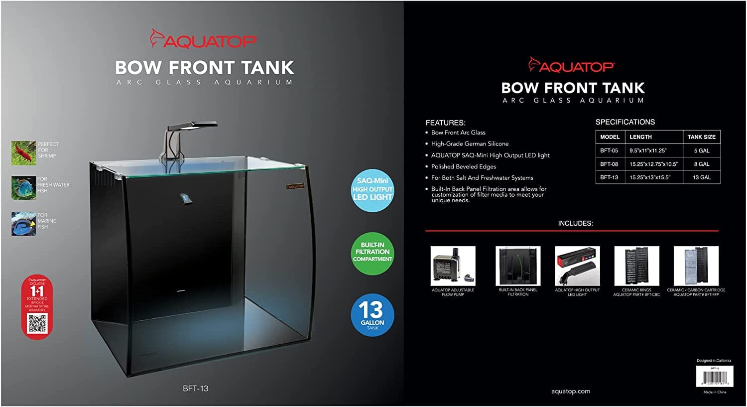 Aquatop Vertical Bowfront Aquarium Kit Aquatics Starter Kits - 13 Gal - 15.75 X 13  