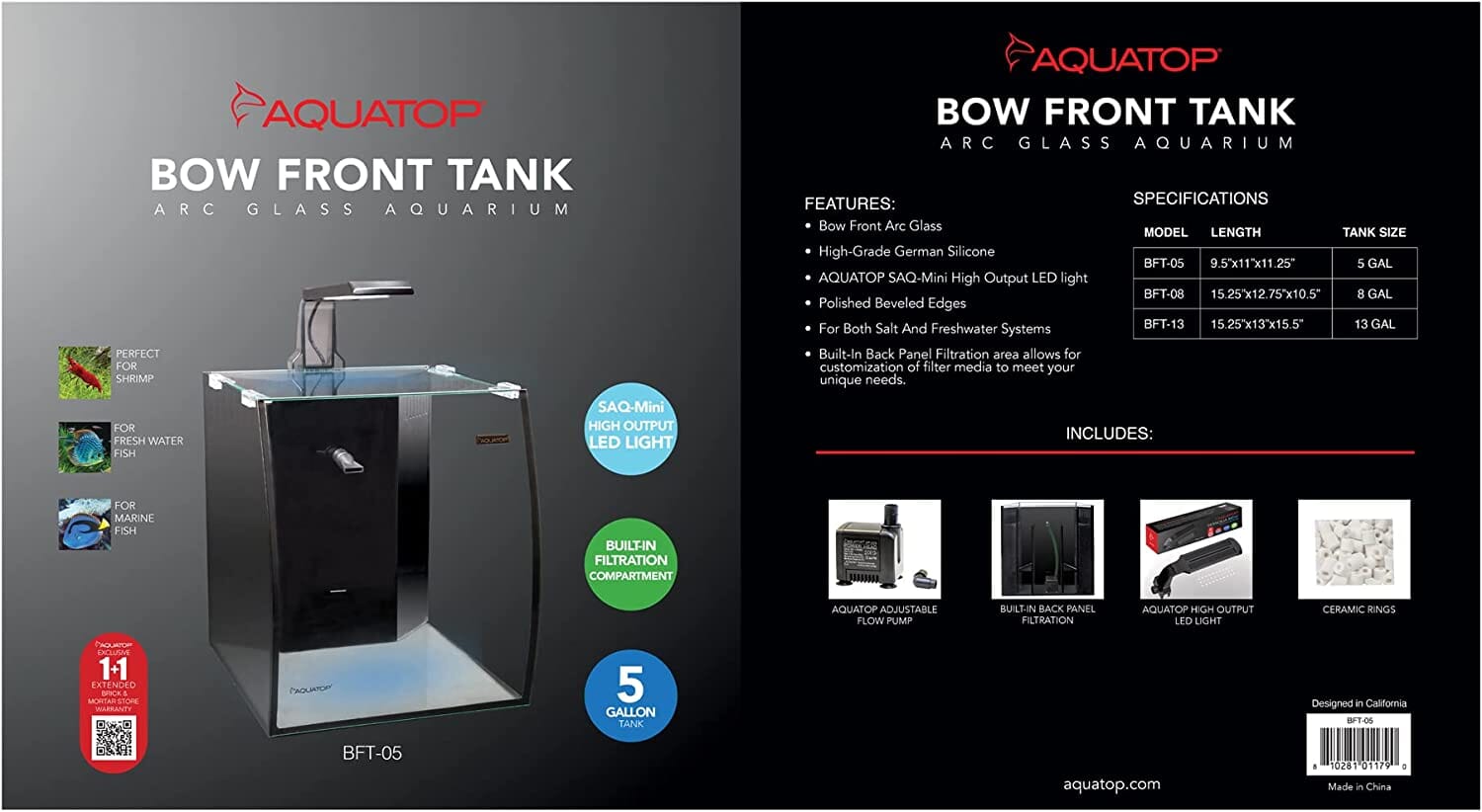 Aquatop Vertical Bowfront Aquarium Kit Aquatics Starter Kits - 5 Gal - 9.8 X 11.25  