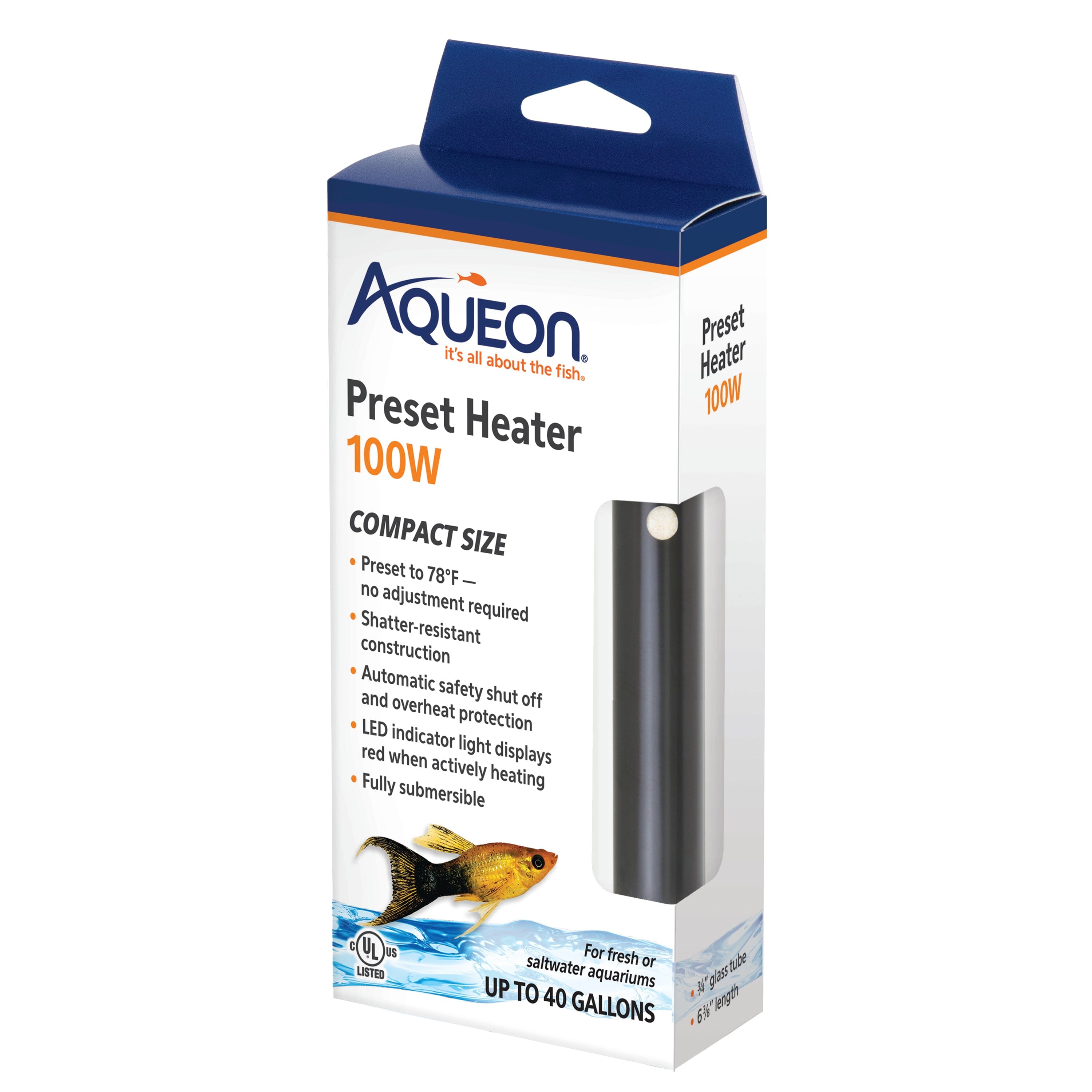 Aqueon Preset Aquarium Heater - Black - Up To 30 gal - 100 W  