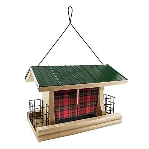 Audubon Lake & Cabin Buffalo Plaid Ranch Wooden Hopper Wild Bird Feeder - Red and Green - 5 Lbs  