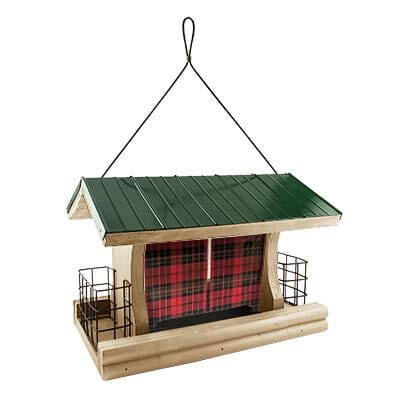 Audubon Lake & Cabin Buffalo Plaid Tall Wooden Hopper Wild Bird Feeder - Red and Green - 5 Lbs  