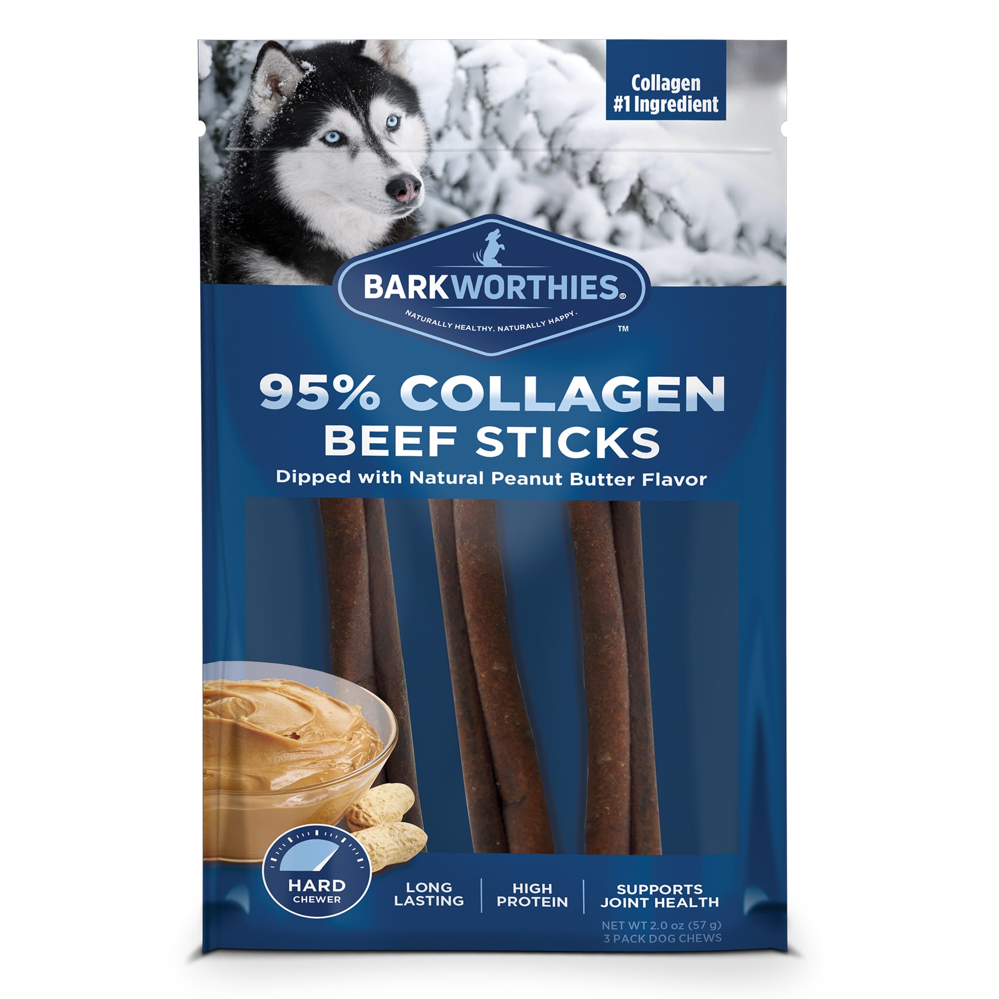 Barkworthies Daily Health Boost Collagen Beef Stick PB Flavor 6" Natural Dog Chews - 3 Pack