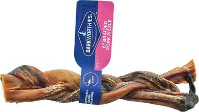 Barkworthies Pork Pizzle 6" Braided Dog Chew Treat - 30 ct Case  