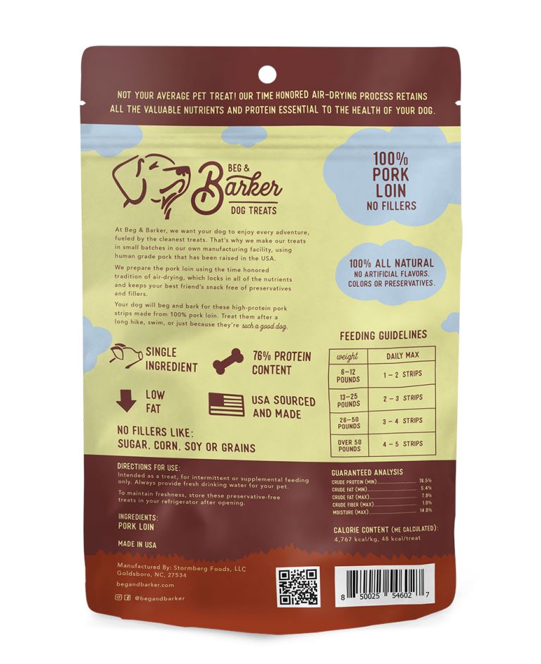 Beg & Barker Strips Pork Loin Air-Dried Dog Treats - 1 Oz - 12 Pack  