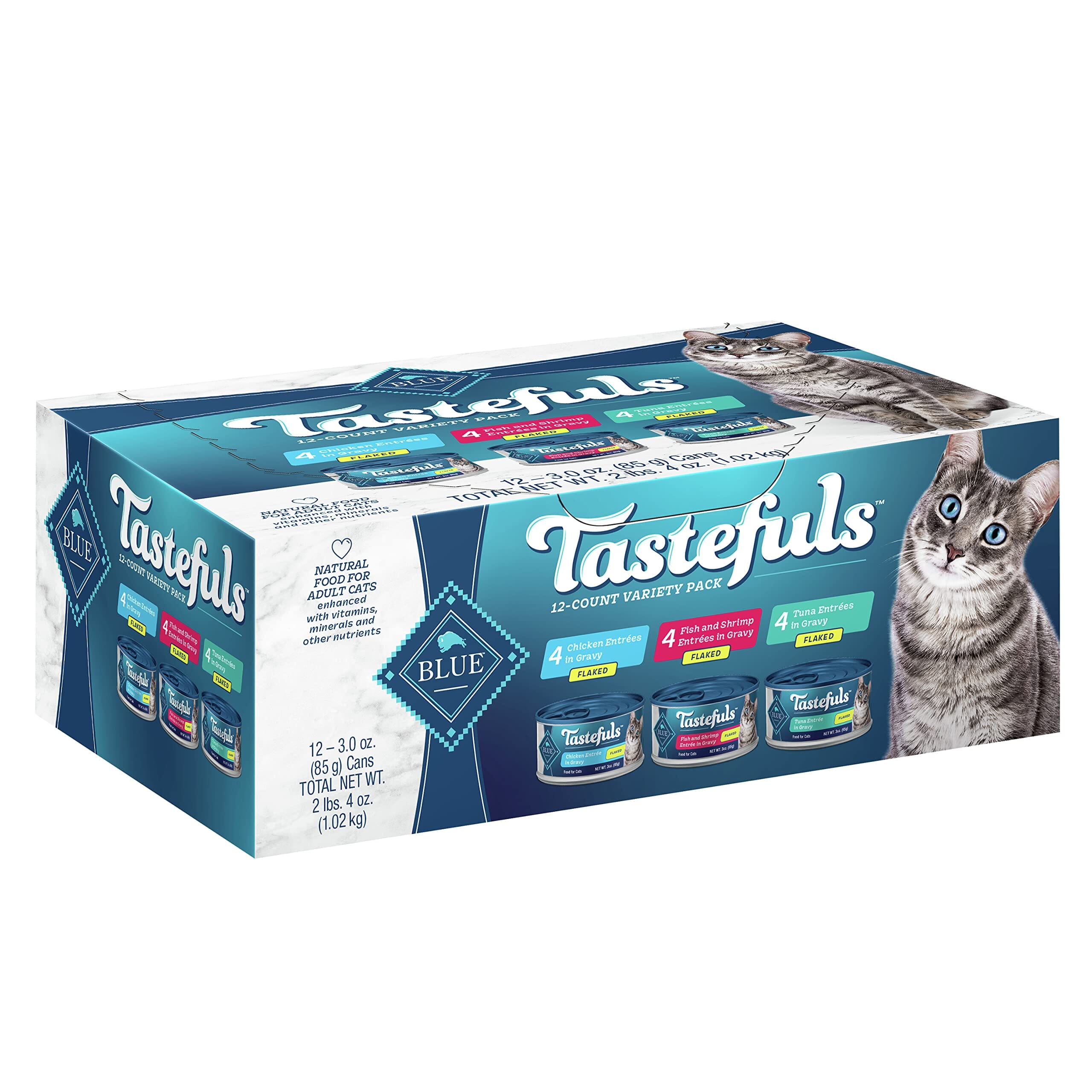 Blue Buffalo Tastefuls Flaked Tuna Chicken and Shrimp Canned Cat Food - Variety Pack - 3 Oz - Case of 12  