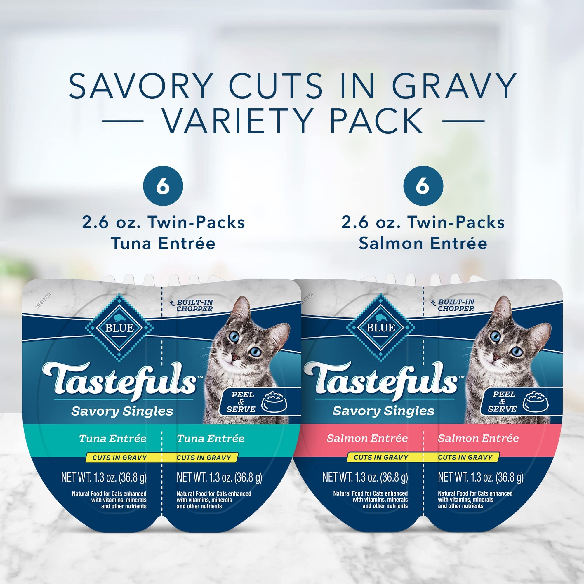 Blue Buffalo Tastefuls Savory Singles Adults Salmon and Tuna Cuts in Gravy Canned Cat Food - Variety Pack Tub - 2.6 Oz  - Case of 12  