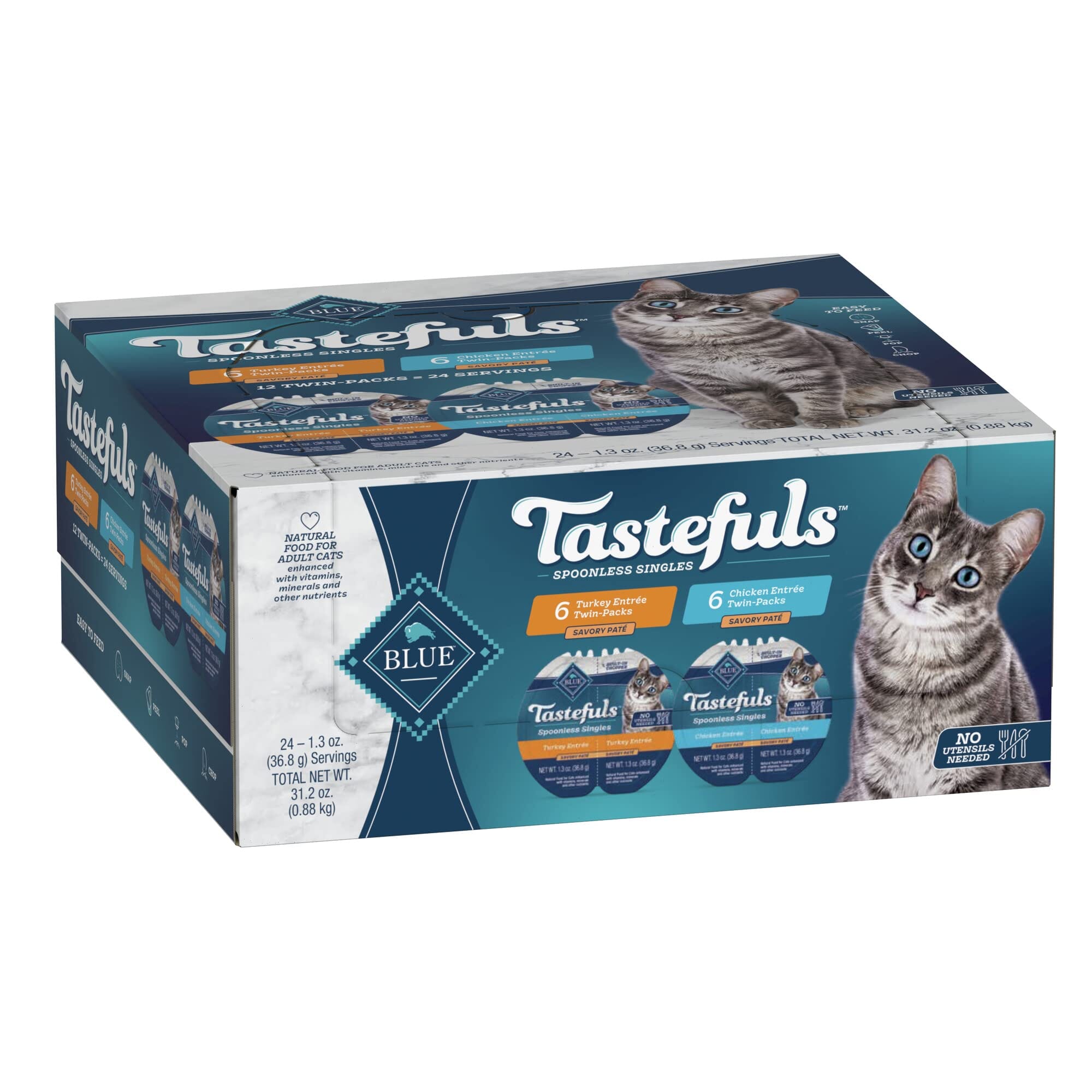 Blue Buffalo Tastefuls Spoonless Singles Adult Chicken and Turkey Pate Canned Cat Food - Variety Pack - 2.6 Oz  - Case of 12  