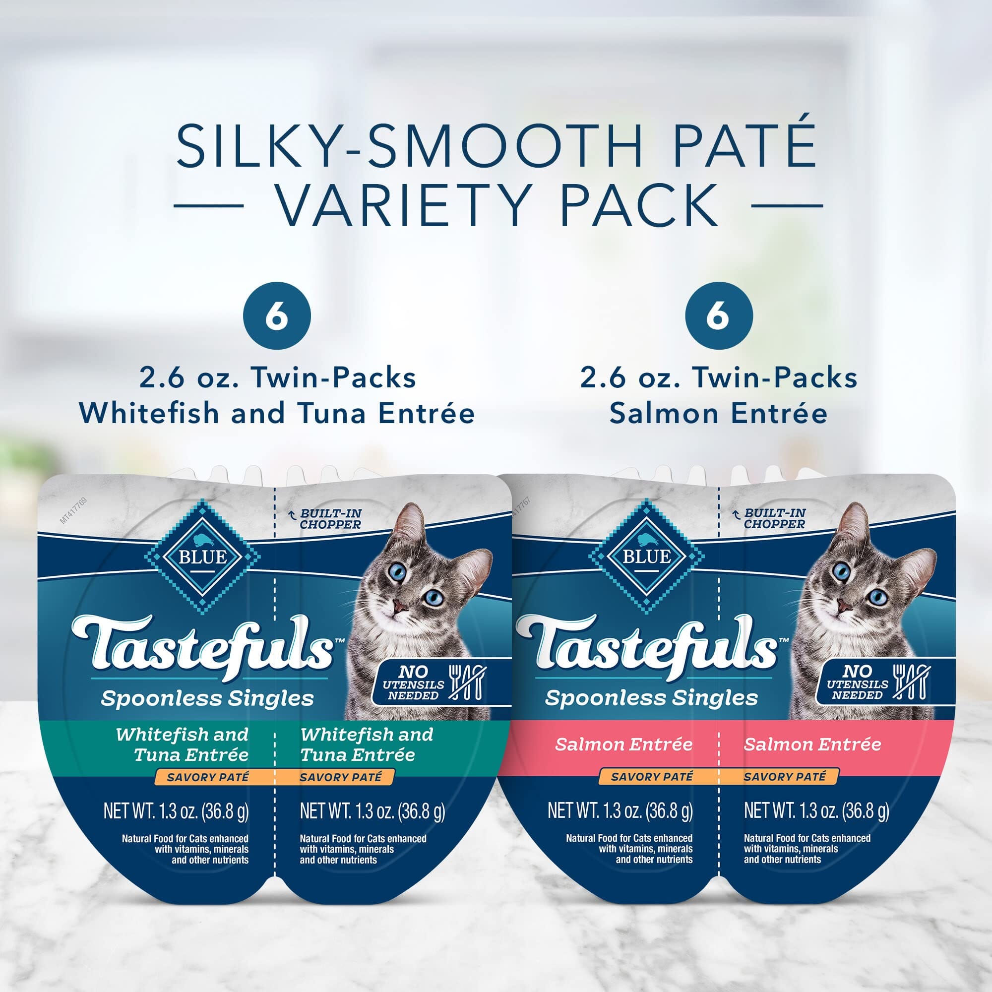 Blue Buffalo Tastefuls Spoonless Singles Adult Whitefish Tuna and Salmon Pate Canned Cat Food -  Variety Pack - 2.6 Oz - Case of 12  