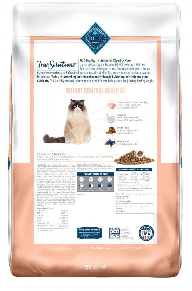 Blue Buffalo True Solutions Fit & Healthy Natural Weight Control Chicken Recipe Adult Dry Cat Food  