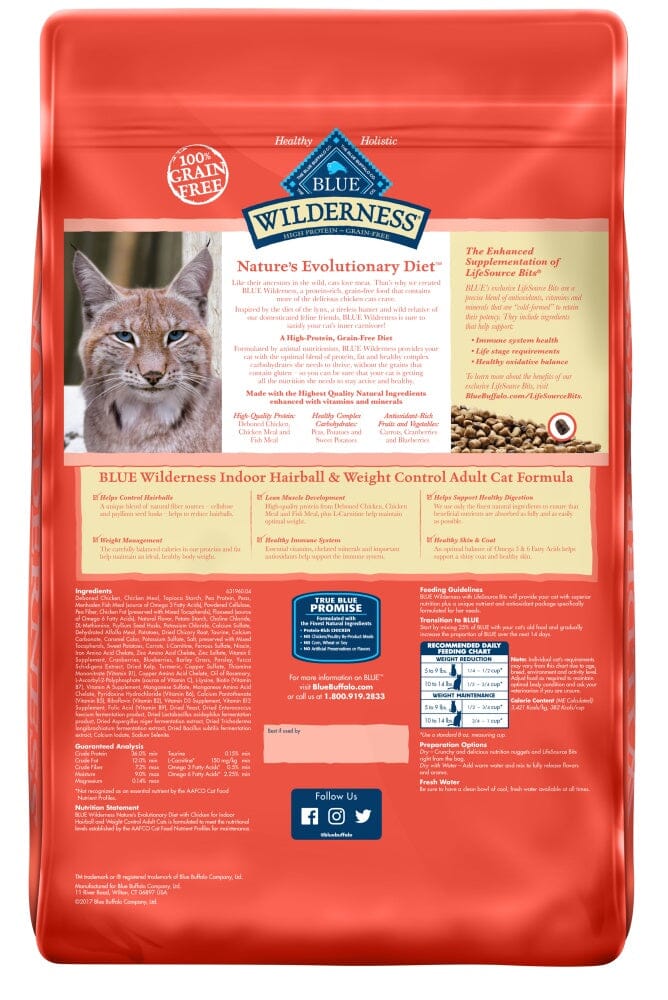 Blue Buffalo Wilderness Grain Free Hairball & Weight Control Natural Chicken High Protein Recipe Indoor Dry Cat Food  