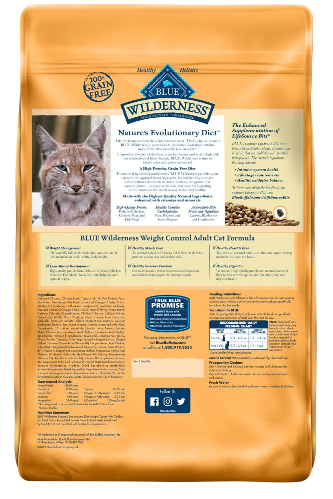 Blue Buffalo Wilderness Grain Free Weight Control Chicken Recipe  Dry Cat Food  