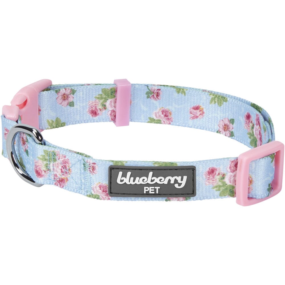 Blueberry Pet Spring Scent Inspired Rose Blossom Floral Print Pastel Blue Adjustable Collar for Puppies and Small Dogs  