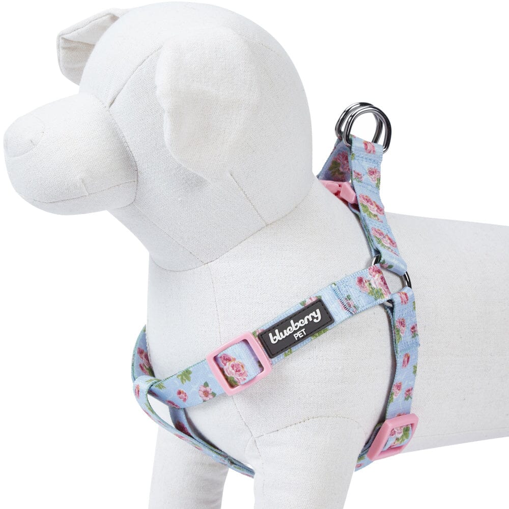 Blueberry Pet Step-in Spring Scent Inspired Rose Blossom Floral Print Pastel Blue Dog Adjustable Harness  