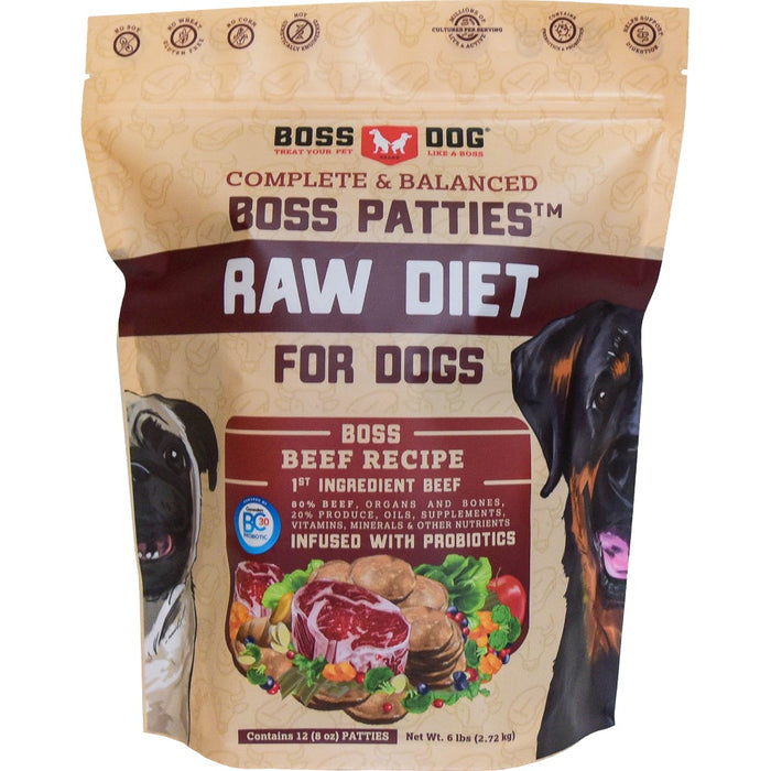 Boss Dog Frozen Complete Raw Beef Diet 8 oz Patties Raw Dog Food - 6lb Bag