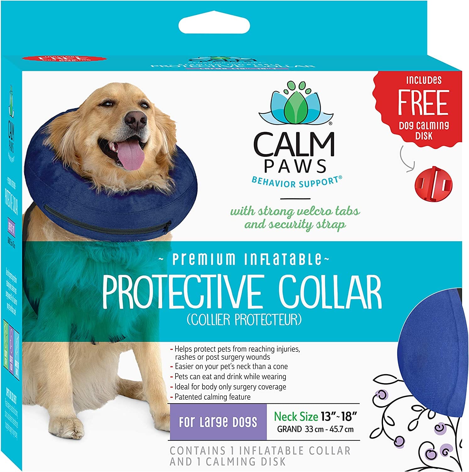 Calm Paws Protective Inflatable Dog Collar with Dog Calming Disk - Large  