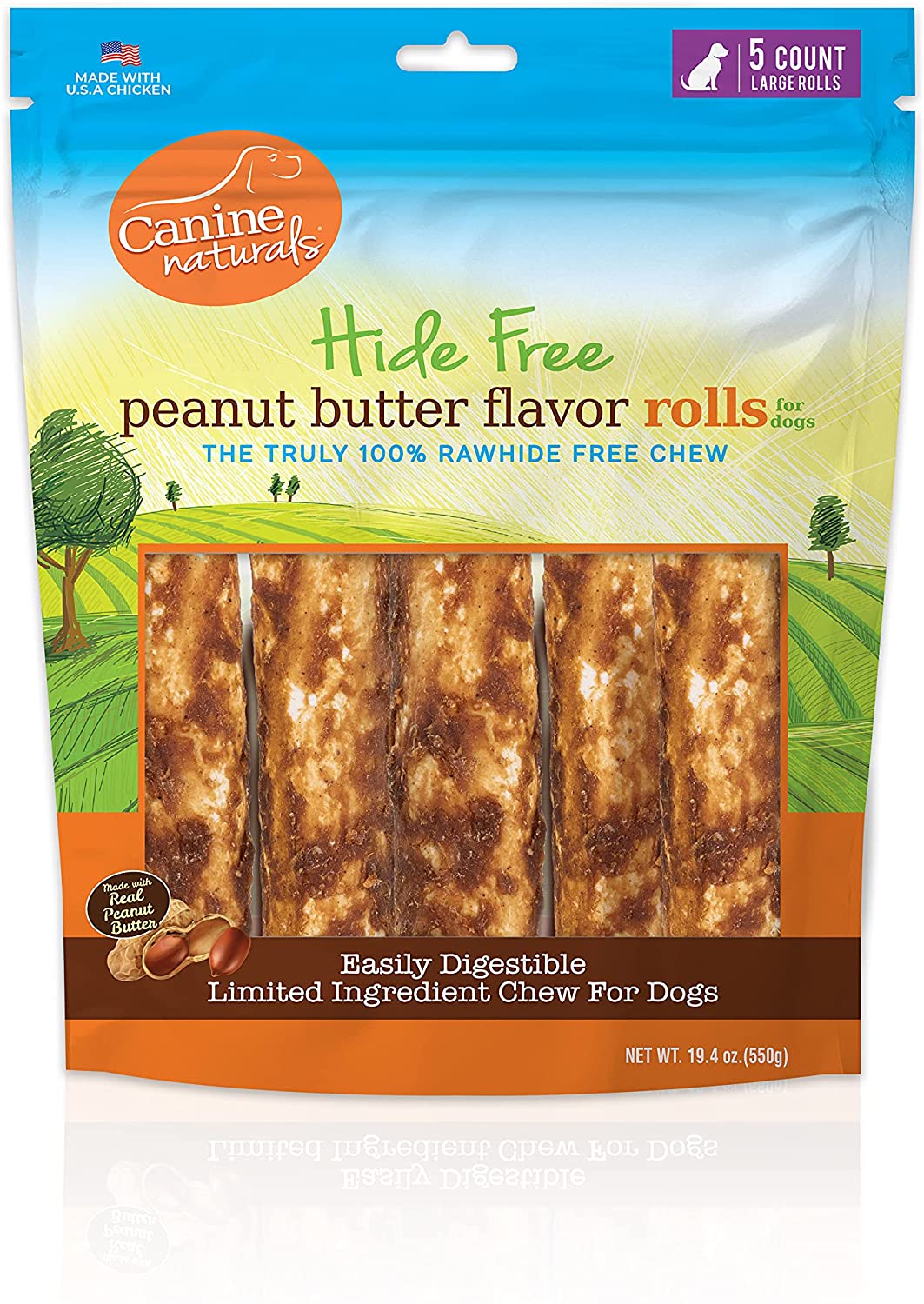 Canine Naturals Hide-Free Peanut Butter Rolls Chewy Dog Treats - 7 Inch - 19.4 oz - 5 Count