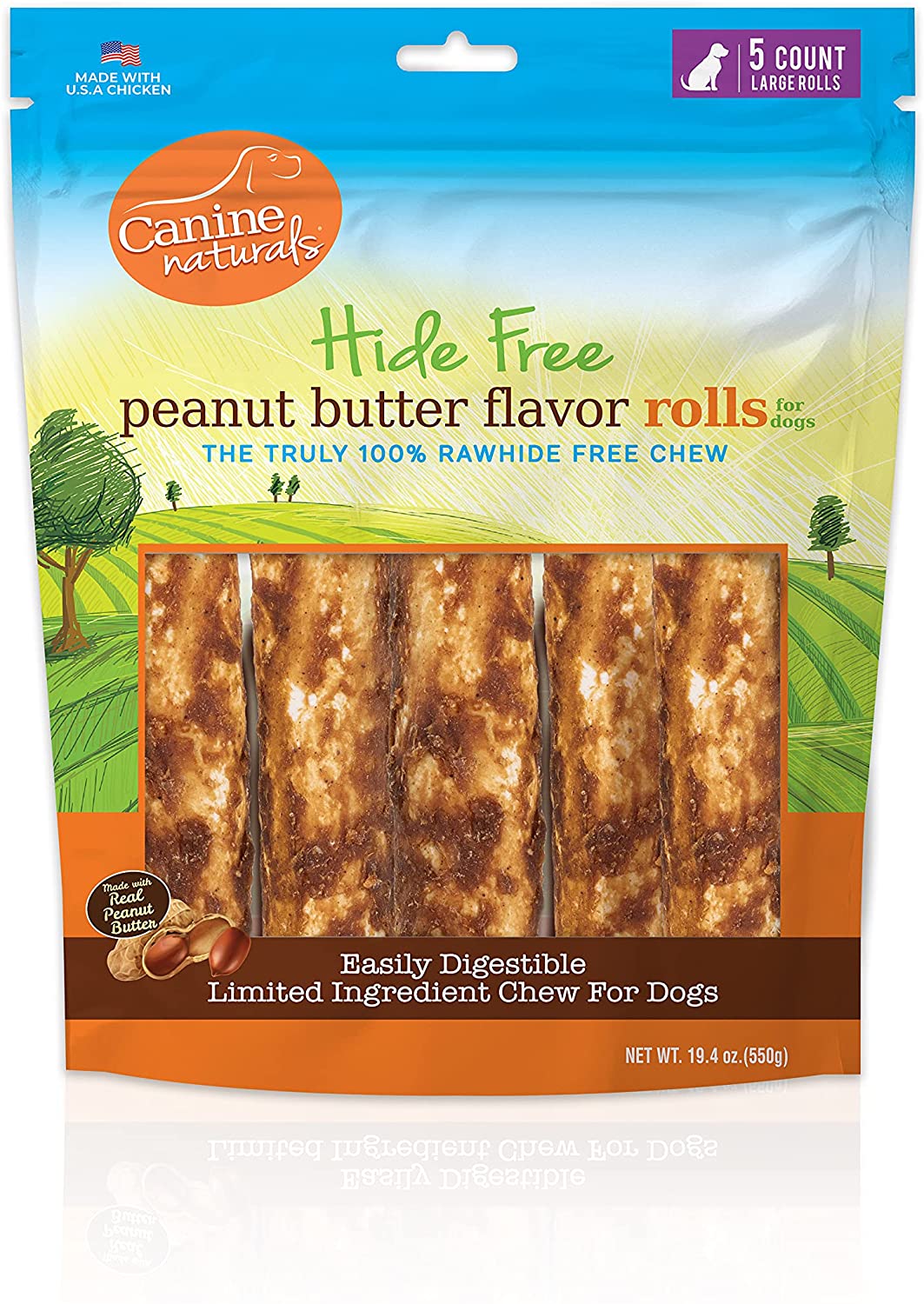 Canine Naturals Hide-Free Peanut Butter Rolls Chewy Dog Treats - 7 Inch - 19.4 oz - 5 Count  