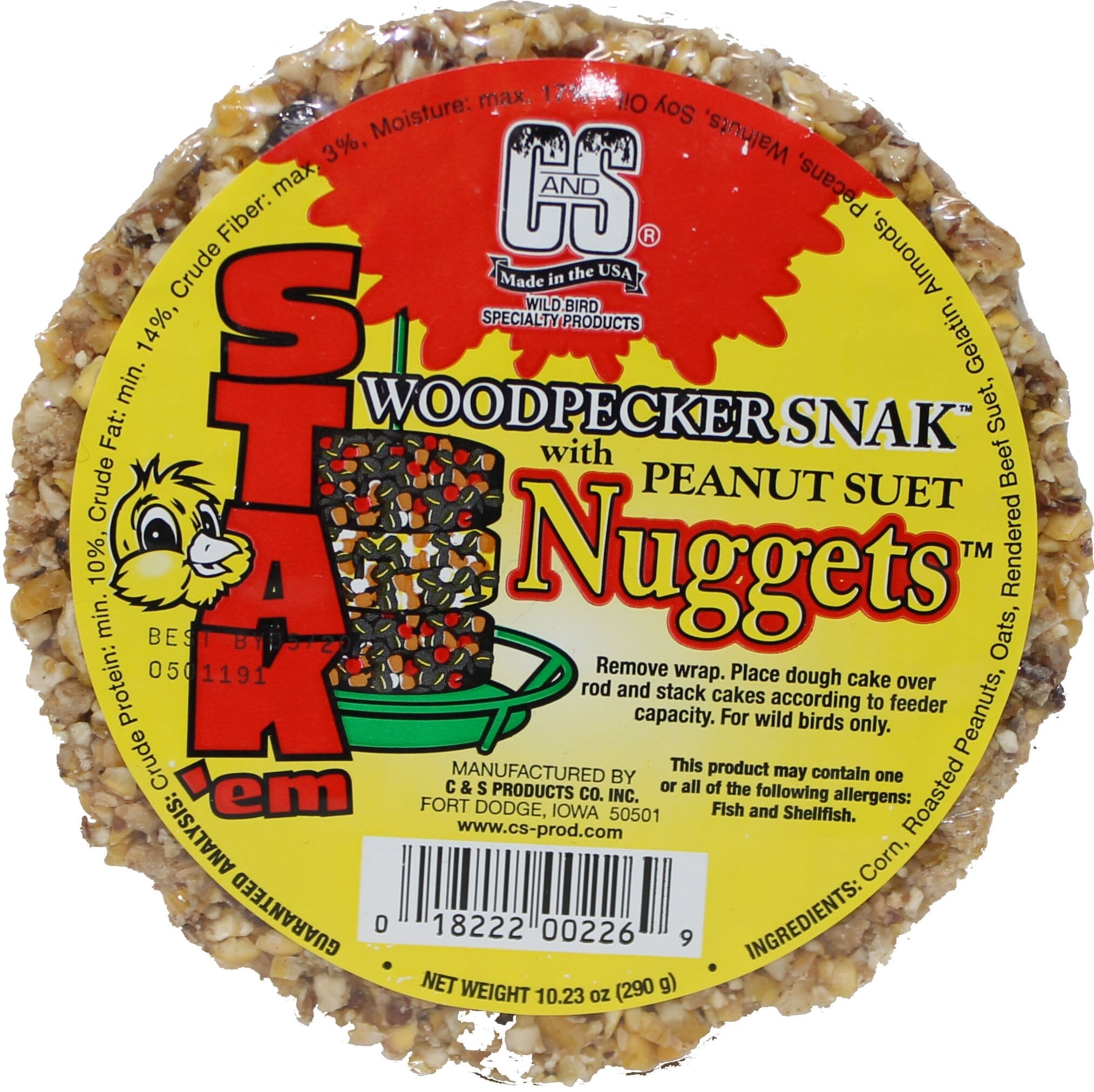 C&S Stak'em Woodpecker Snak with Suet Nuggets Wild Bird Food - Peanut - 10.23 Oz  