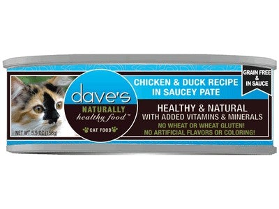 Dave's Pet Food Chicken & Duck Recipe in Saucey Pate Canned Cat Food - 5.5 oz Cans - Case of 24