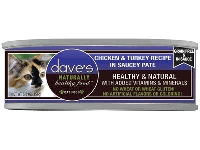 Dave's Pet Food Chicken & Turkey Recipe in Saucey Pate Canned Cat Food - 5.5 oz Cans - Case of 24  