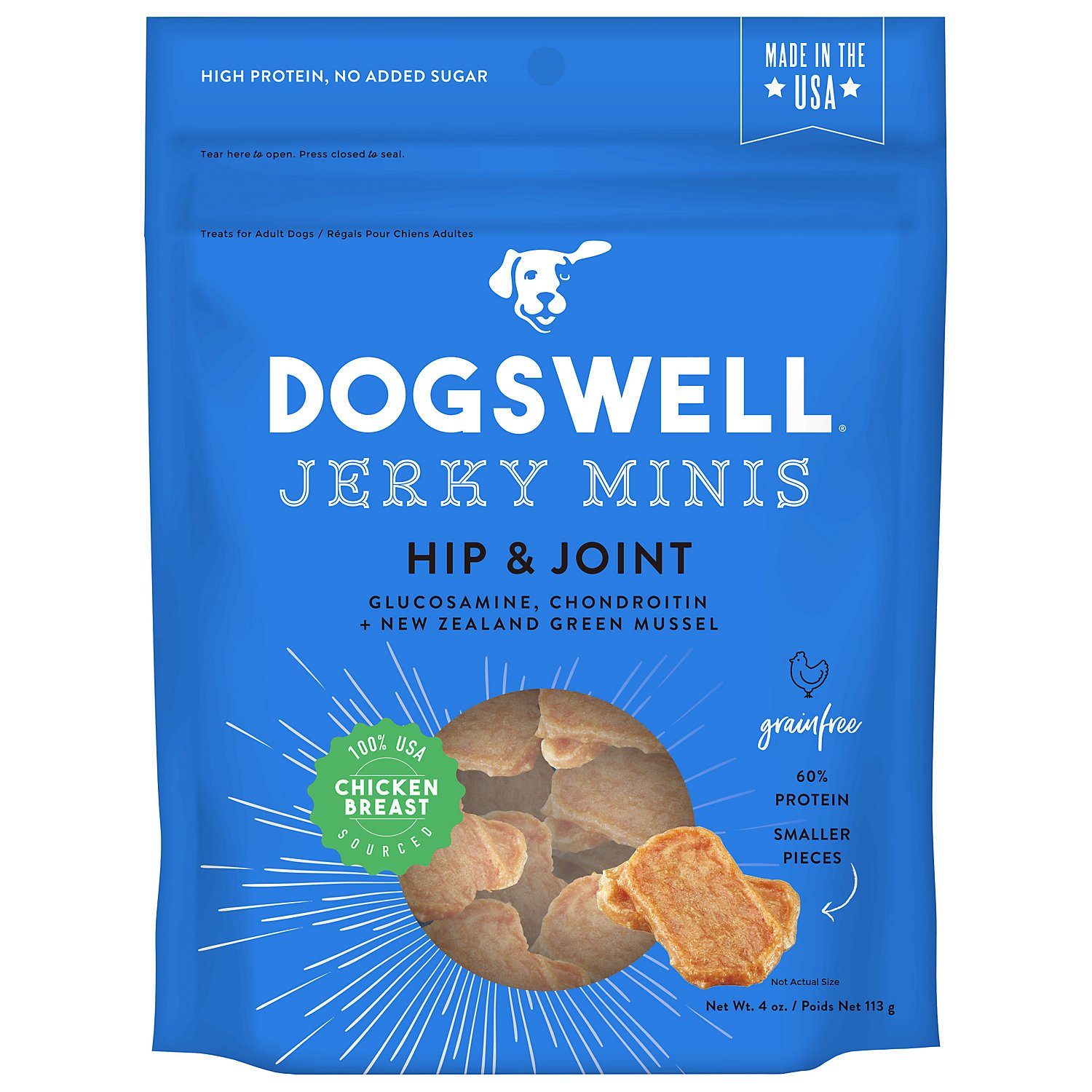 DOGSWELL Hip and Joint Grain Free Mini Jerky Chicken Soft and Chewy Dog Treats - 4 oz Bag  